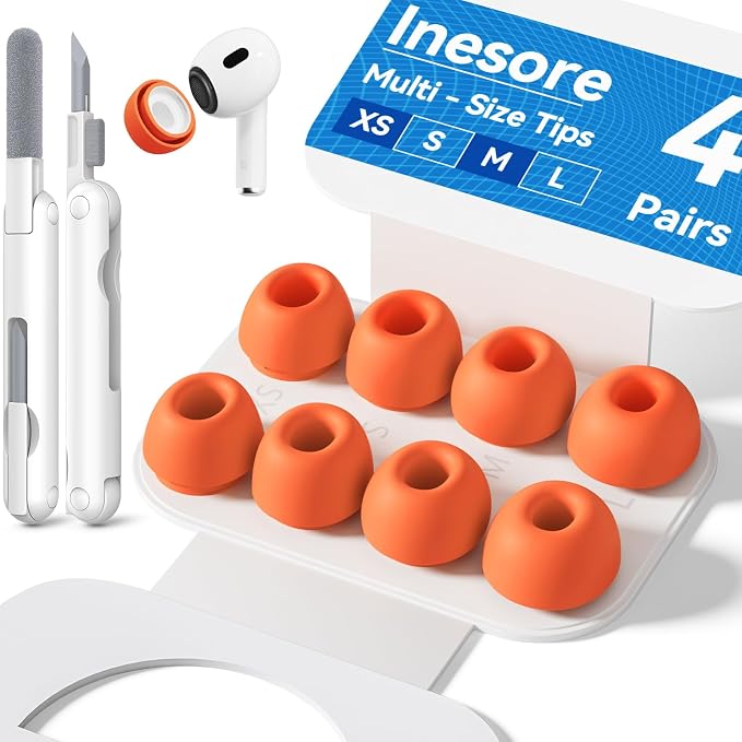 Inesore 4 Pairs Replacement Ear Tips for AirPods Pro 2nd/1st (Orange) | with Noise Reduction Hole & Built-in dust Guard Screen,Silicone,with Portable Storage Box & Cleaner Pen,4 Size (XS/S/M/L)