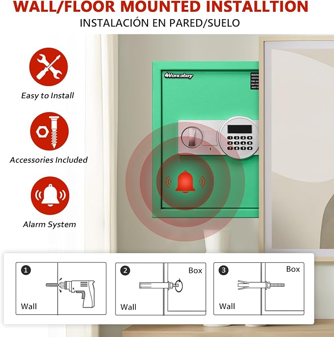 Voncabay Money Safe Box for Home with Digital Keypad, 1.5 Cu. Ft., Green | Alloy Steel, 2 Fireproof Bags, Digital Keypad with Display, Removable Shelf, Alarm System, 14 x 13 x 13 In.