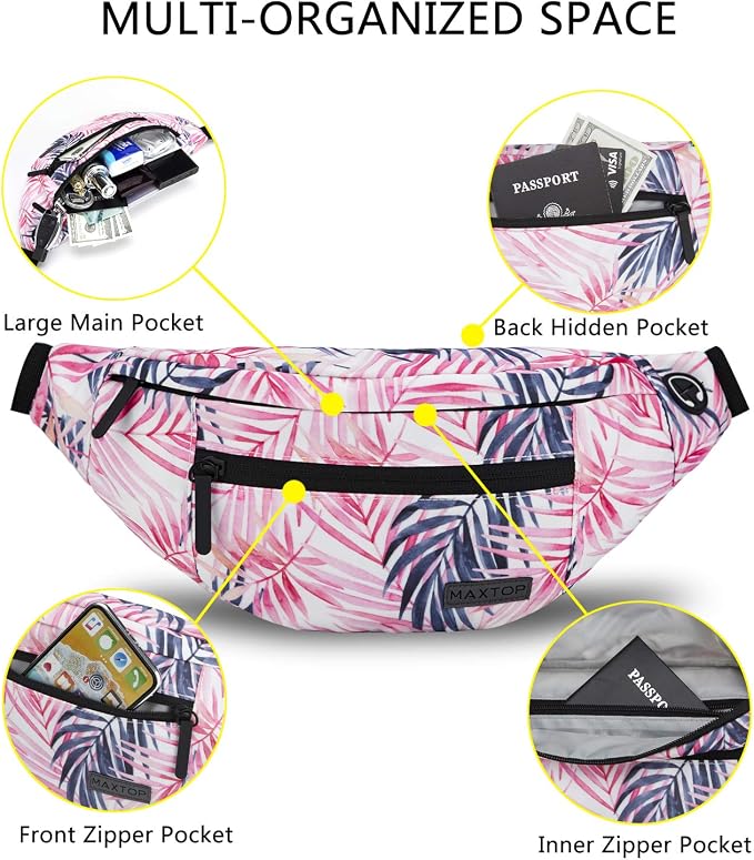 MAXTOP Large Fanny Pack for Women Waist Bag for Casual Festival Gifts | Large Capacity, 4-Zipper Pockets,Polyester,Lightweight,Idea for Hiking Traveling Outdoors Running Workout Casual
