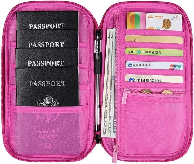 VanFn RFID Travel Passport Wallet, Family Passport Holder, Trip Document Organizer P.Travel Series (Rose Red)