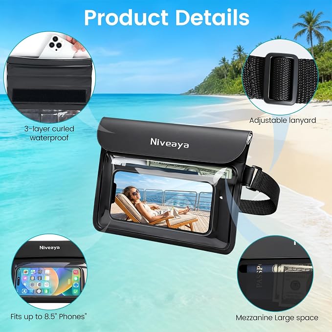 Niveaya IPX8 Waterproof Fanny Pack, Waterproof Pouch Dry Bag for Beach, Kayaking, Swimming, Boat Travel Cruise Essentials, Waterproof Phone Bag Passport Holder for Women Men(2 Pack)
