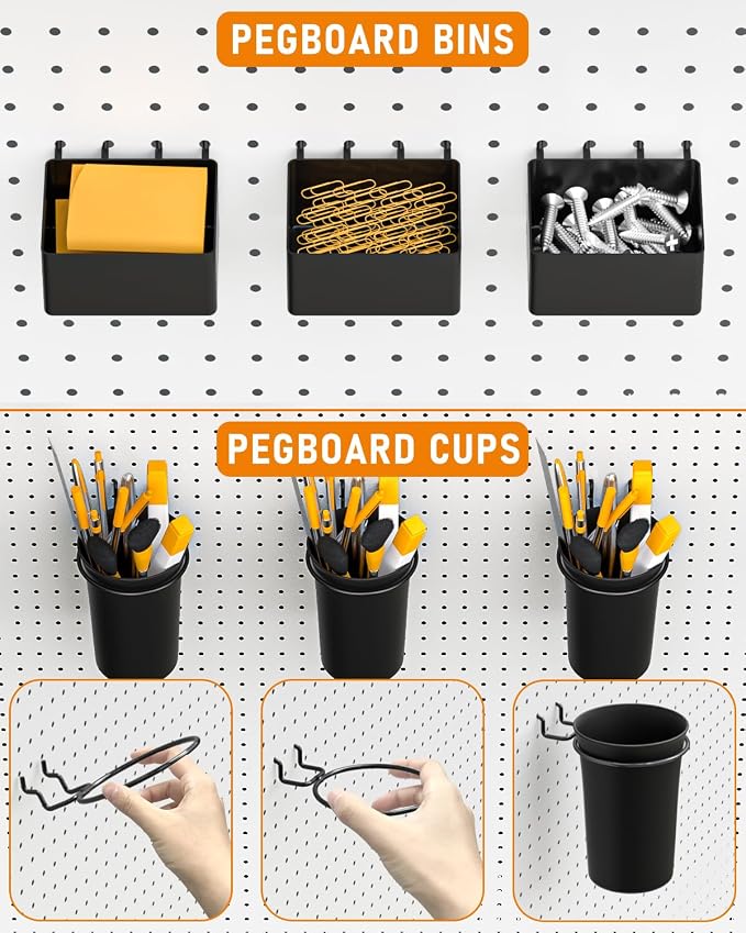 INCLY 30PCS Peg Board Organizer Accessories Kit with Bins, Cups & Baskets | Pegboard Hooks Assortment, Wire Baskets, Paper Towel Holder, 1/8" and 1/4" Pegboard, For Garage Workbench Craft Room