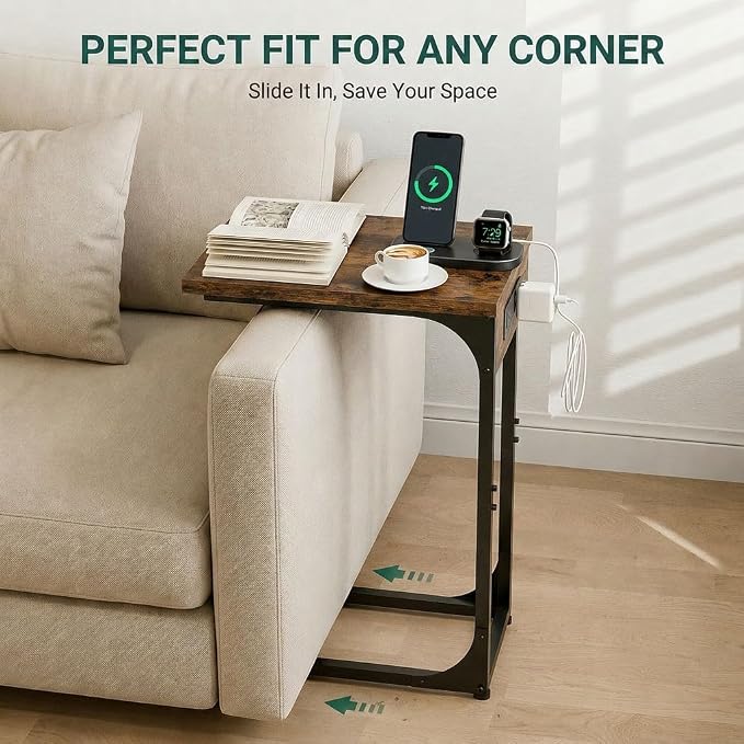 TEMI C Shaped End Table for Couch with Charging Station, Small Side Table TV Tray for Eating or Laptop, Accent Desk for Sofa or Chair, Space Saving Living Room Bedroom, Rustic Brown