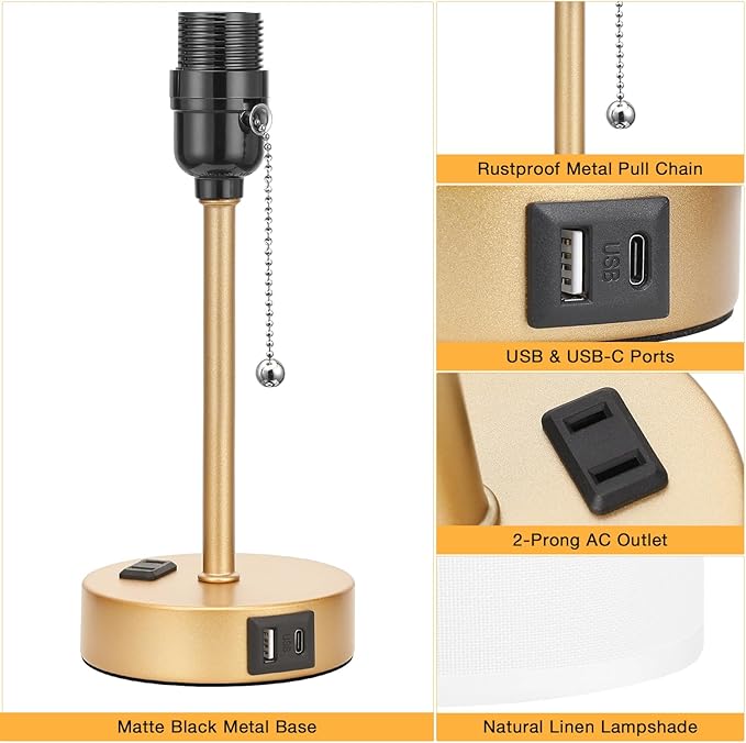 Small Bedside Lamp for Nightstand, Gold Desk Lamp for Dorm Room Bedroom | USB A+C Ports, AC Outlet, 3 Color Temperatures, LED Bulb Included, White Fabric Shade, Gold Brass Base, 14" Night Stand Lamp