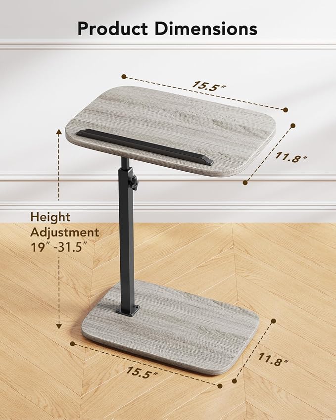 HUANUO TV Tray with Height Adjustment, 360° Swivel, 90° Tilt, Grey | 19"–31.5" Height Range, Dual Knobs & Crossbeam for Stability, Anti-slip Bar, Foldable, for Eating & Working Beside Sofa, Bed