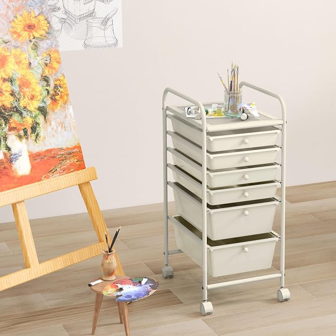 COSTWAY 6-Drawer Rolling Storage Cart, Art Craft Tools Organizer on Wheels | Multifunctional Heavy Duty Utility Mobile Storage Trolley w/ 2 Lockable Wheels for Home Office School (White)