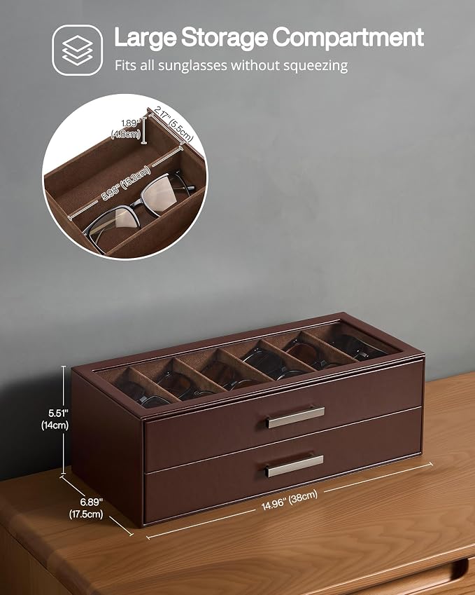 ProCase Sunglasses Organizer Box with Clear Glass Lid, PU Leather Eyeglass Storage Display Case for Men and Women