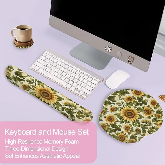 Vintage Sunflower Ergonomic Wrist Support Keyboard Mouse Wrist Rest Set, Computer Office Comfortable Wrist Rest for Mouse Easy Typing