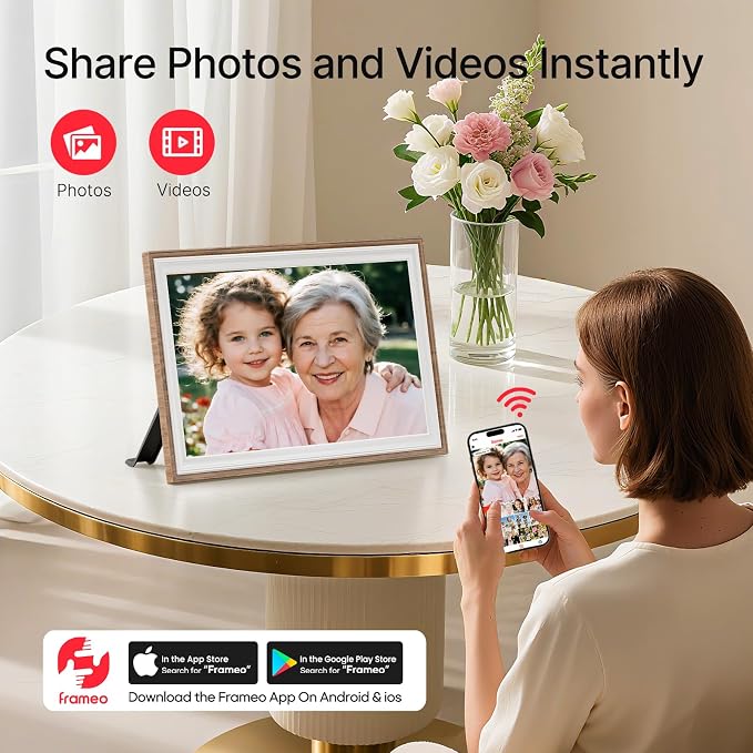 Frameo 10.1" Digital Picture Frame, Smart WiFi Digital Photo Frame with 1280x800 HD IPS Touch Screen 32GB Storage Auto-Rotate Wall Mounted, Share Photos/Videos Remotely(Brown&White)