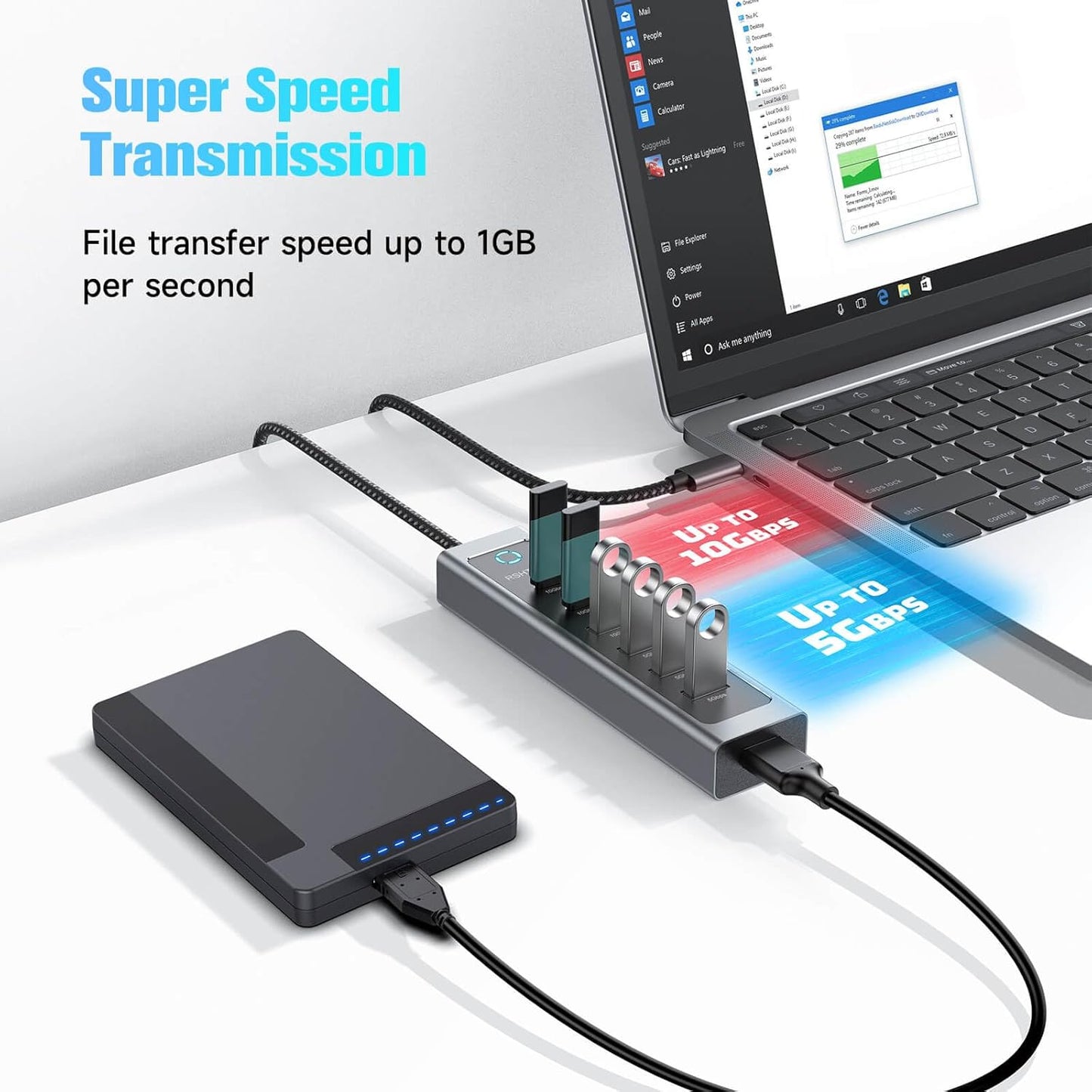 RSHTECH 7-Port USB C Hub Splitter 10Gbps with 3 USB-3.2 (2C + 1A), 4 USB-3.0 Ports and 2ft Long Cable, Aluminum USB-C Hub Multiport Adapters for Laptop and More, RSH-T17C