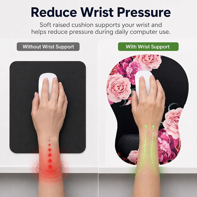 Mouse Pad with Wrist Rest Ergonomic Memory Foam Support, Non-Slip Rubber Base, Comfortable Typing Cushion for Home Office Computer Laptop, Flowers Pink