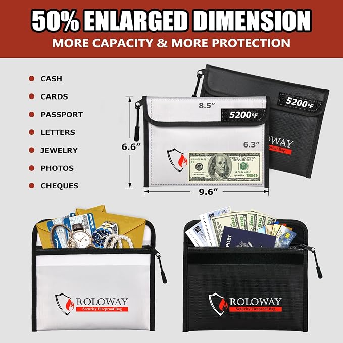 Fireproof Bag (9.6 x 6.6 inches) 5200℉ Heat Insulated, Fireproof Money Bag with Zipper for Cash (2-Pack)