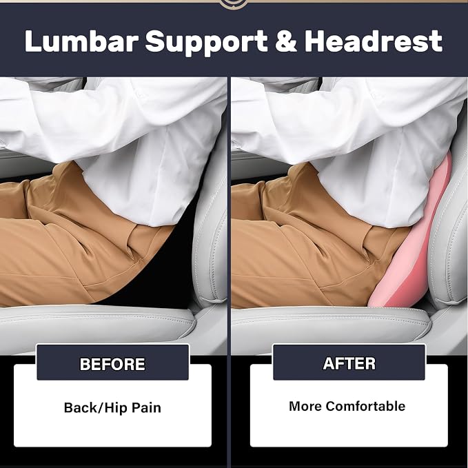 Coverado Lumbar Support and Car Neck Pillow, Ergonomic Memory Foam Desk Chair Cushion and Headrest Pillow for Car Office Chair, Sciatica & Neck & Tailbone Cushion-Pink