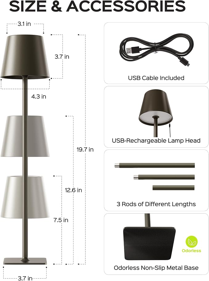 JACKYLED Cordless Lamp DIY Height, 3 Color Stepless Dimming, 5000 Capacity Operated Lamp Portable Rechargeable for Bedroom Dinning Kitchen, Golden Bronze, 2 Pack
