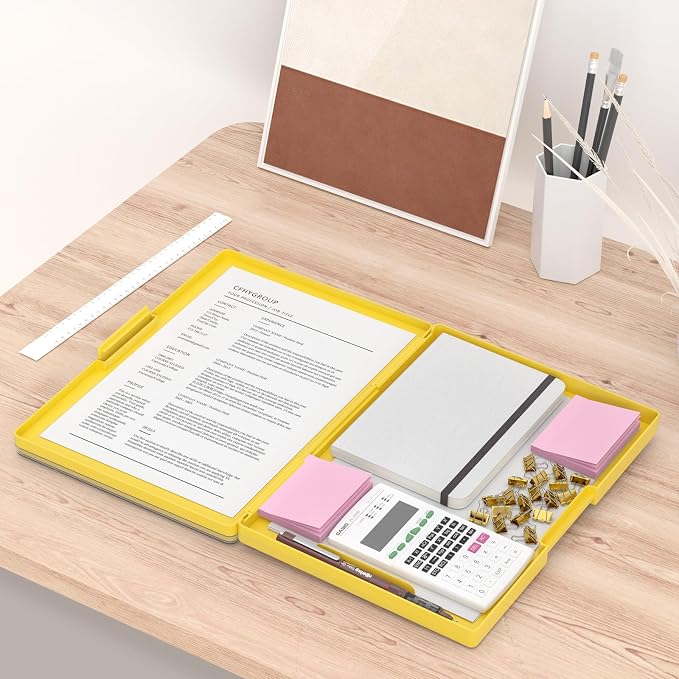 Rimilak Clipboard with Storage,8.5x11 2 Compartment Clip Board, Yellow | Smooth Writing, Side-Opening Plastic Folder with Pen Holder, Size 13.3 x 9.4 x 1.5″,for Classroom, Teacher, Student