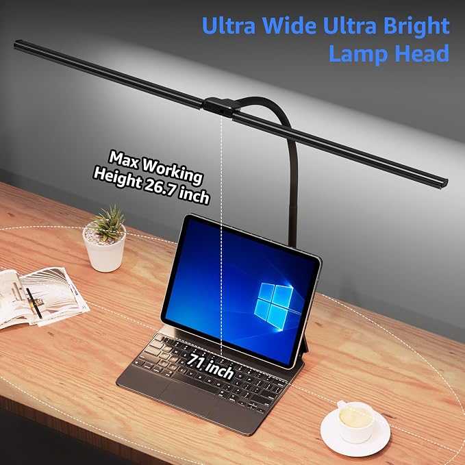 ShineTech LED Desk Lamp for Home Office, 5000K Bright Double Head Architect Task Lamps with Clamp, Dimmable Adjustable Flexible, Black
