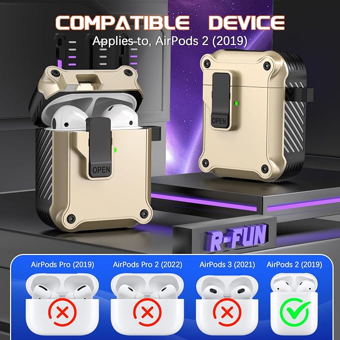 R-FUN for AirPods 2 Case Cover with Lock Magnetic Lid, Golden | Compatible with Apple AirPods 2 and AirPods(2016), Case with Cleaner Kit & Keychain, Powerful Drop Protection
