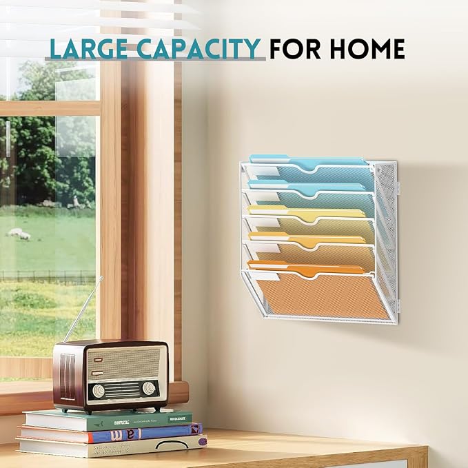 5 Tier Wall File Organizer, Hanging Wall Mounted Mail Organizer with Label Slots, Metal Mesh File Holder Magazine Rack for Office, Home, School or Classroom, White