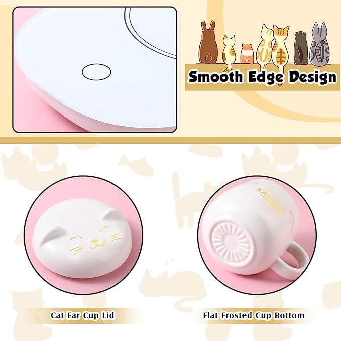 Honeydak Coffee Mug Warmer Cute Cat Mug Set Cup Warmer for Women Heated Coffee Warmers for Mom Home Office Desk Valentine's Day Anniversary Birthday Gifts(Sakura,White)