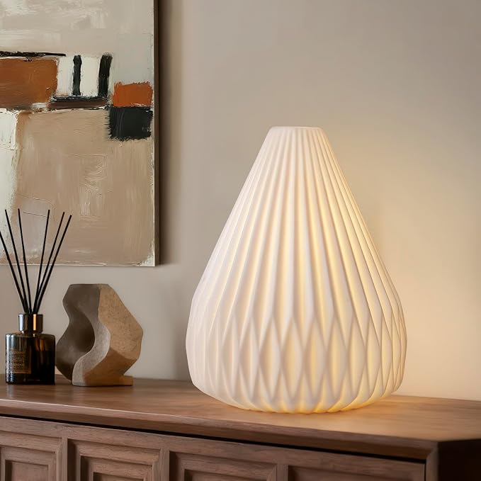 Modern Ceramic Decorative Table Lamp Living Room Bedroom Bedside | Handcrafted Unique Warm Ambient Lighting Lamp, Accent White Translucent Ceramic shade, Fully Dimmable, Corded, Bulb Included