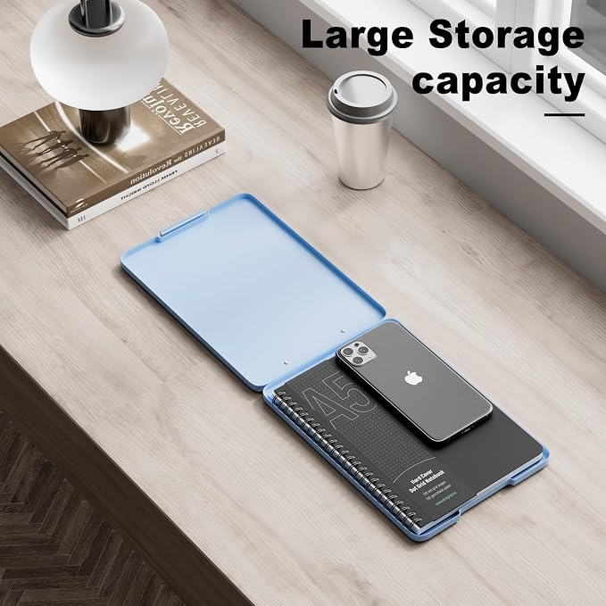 Hongri A5 Clipboard with Storage, Metal Retractable Pen Holder, Blue | 6 x 9'' Nursing Plastic Foldable Clip Board, Size 9.4 x 6.1 x 0.9 in, Menu Box for Work, Office & School Supplies