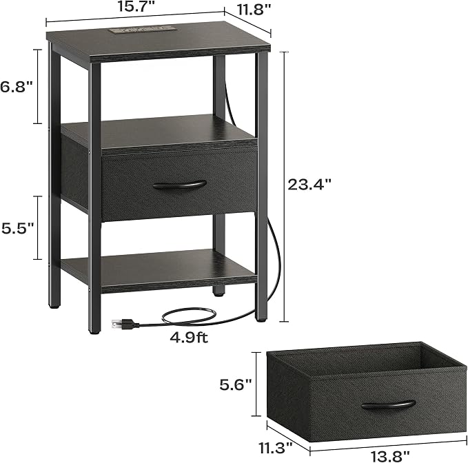 SUPERJARE Nightstand with Charging Station, Bed Side Table with Adjustable Fabric Drawer, Night Stand for Bedroom, 3-Tier Storage End Table, for Living Room, Black | Night Stand for Bedroom, with Adjustable Fabric Drawer, 3-Tier Storage End Table, for ...