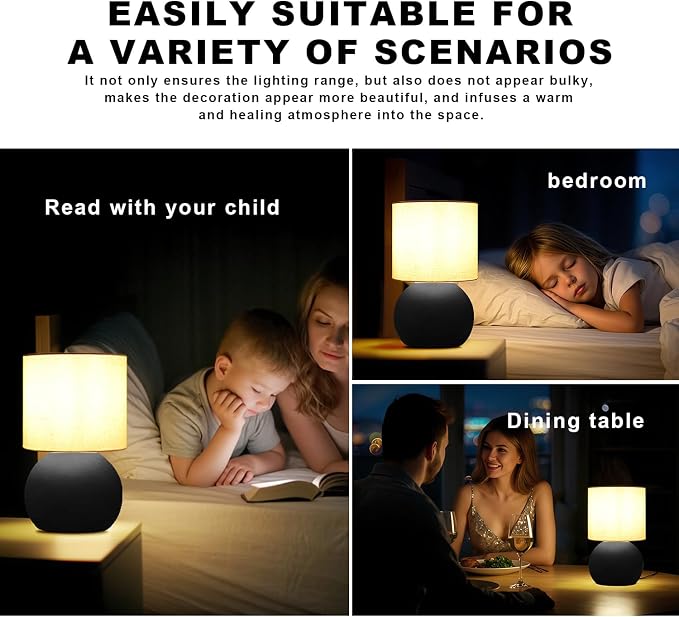 Modern Black Small Table Lamp with Cotton Linen Shade, 6.2×6.2×10.4 inch LED Desk Light, One-Button Switch for Bedroom, Living Room, Nightstand, Includes Warm Light Bulb