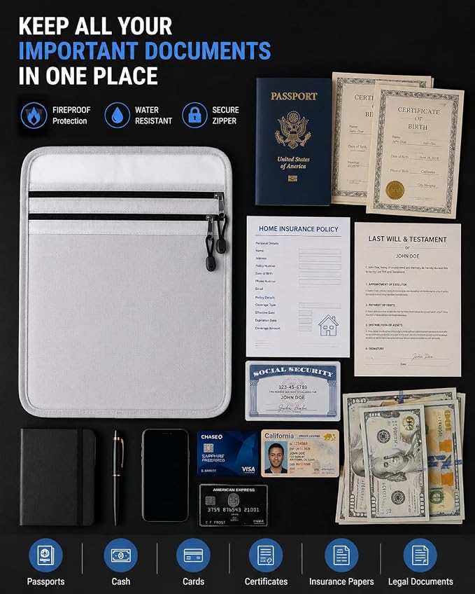 Mondoshop Fireproof Document Bag 2000°F, 15x11" Cash & Passport Organizer