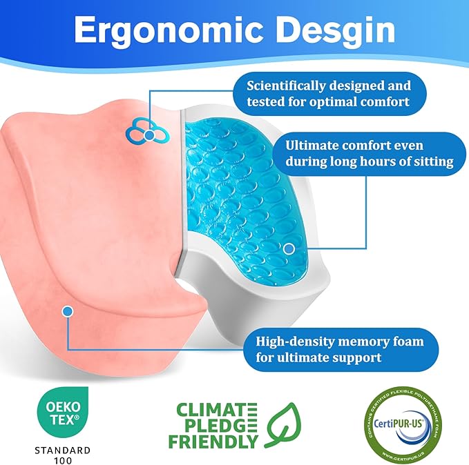 Seat Cushion, Chair Cushions, Office Chair Cushions, Anti-Slip Bottom & Removable Cover Tailbone Pain Relief Cushion, Memory Foam Seat Cushion for Office, Wheelchair, Car (Pink)