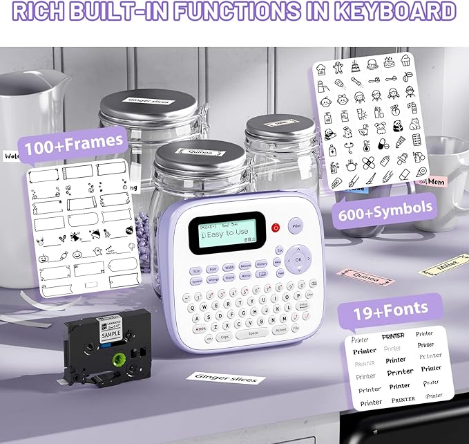 Label Maker Machine with-Tape Waterproof, Purple Portable Label Maker for Teachers Kids Classroom Use, Desktop Labeler with Multiple Symbols &Fonts for Home Office School Use, D210S