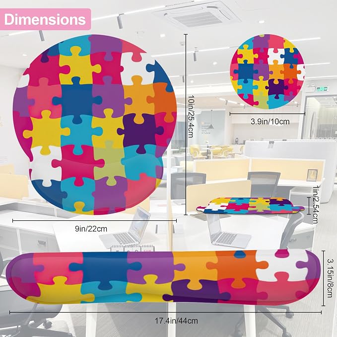 Autism Awareness Puzzle Colorful Keyboard Wrist Rest Pad and Mouse Pad Wrist Support Set,3-in-1 Ergonomic Mouse Pad with Non-Slip Rubber Base for Home Office Game Computers Desk,