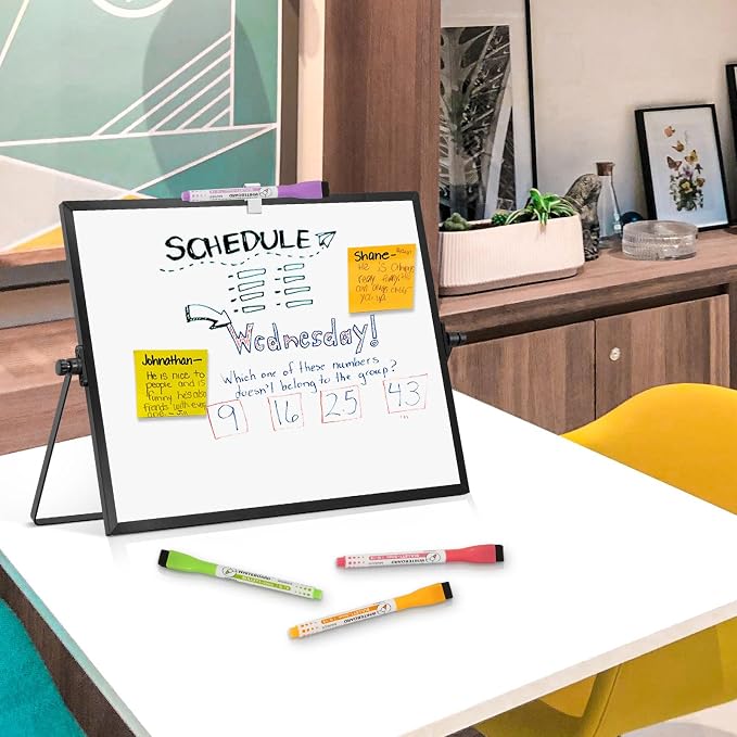Double-Sided Magnetic White Board with Stand, 18" x 14" (Black) | Dry Erase Board with Stand, Desktop Whiteboard Easel , Portable Small White board dry erase for Drawing, Office, Home
