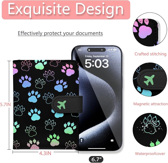 Passport Holder, Cute Travel Wallet Cover with RFID Blocking,Pawprint | PU leather travel wallet with magnetic closure, card slots, pen loop, and easy access for passports and essentials.