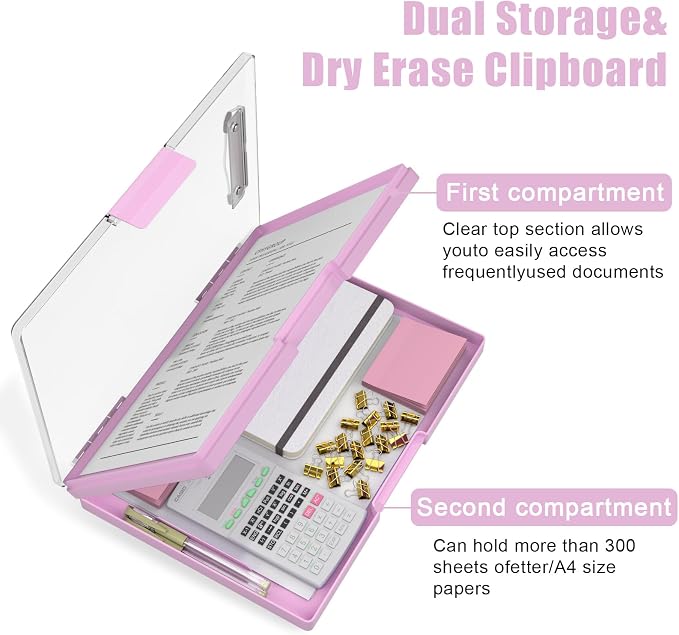 Hongri Clipboard with Storage, Pink 8.5 x 11 Clip Board, Dual Compartmen | Folder Nursing Side Opening, Heavy Duty Organization Box, Smooth Writing for Teachers, Classroom, Size 13.3 x 9.4 x 1.5 in