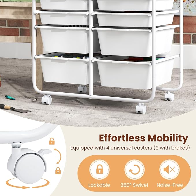 Giantex Rolling Storage Cart with 10 Drawers, Utility Cart w/Wooden Tabletop, Handle, Lockable Wheels, Multipurpose Organizer for Art Craft Scrapbooks Paper, Drawer Carts for Dorm School Office, White