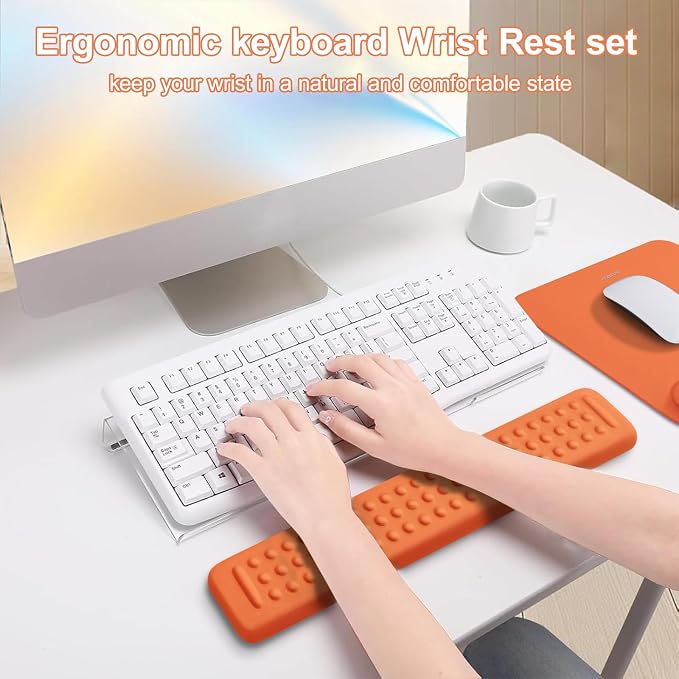 MOSISO Keyboard Stand&Wrist Rest Support for Keyboard &Mouse Pad Set | Ergonomic Massage Wrist Rest Set, Easy Typing Working Acrylic Clear Stand for Office Home, Cosmic Orange
