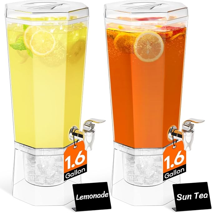 Lifewit 1.6 Gallon Drink Dispenser for Parties 2 Pcs, 6L Plastic Beverage Container with Stand for Juice/Tea/Soda & Lemonade, Clear Water Pitcher with Spigot for Mimosa Bar Hosting 39 x 16 cm/15x6"