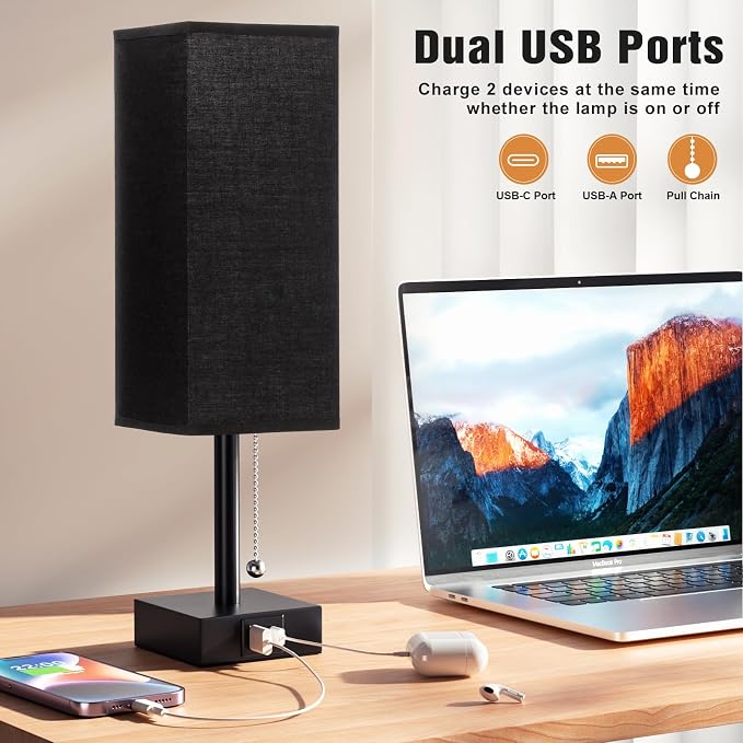 Set of 2 Black Bedside Table Lamps for Bedroom - Nightstand Lamp, USB C+A | Pull Chain Lamp, 3 Color Modes(3000K/4000K/5000K), E26 LED Bulb Included, Square Black Fabric Lampshade, for Read, Work, Dorm