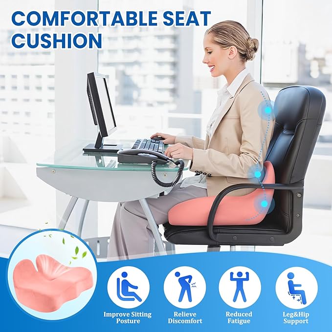 Seat Cushion, Memory Foam Office Chair Seat Cushion for Office Chairs/Car/Long Trip/Desk Chair/Gaming, Large Size for Sciatica & Hip & Tailbone Pain Relief, Sciatica Support (Pink)