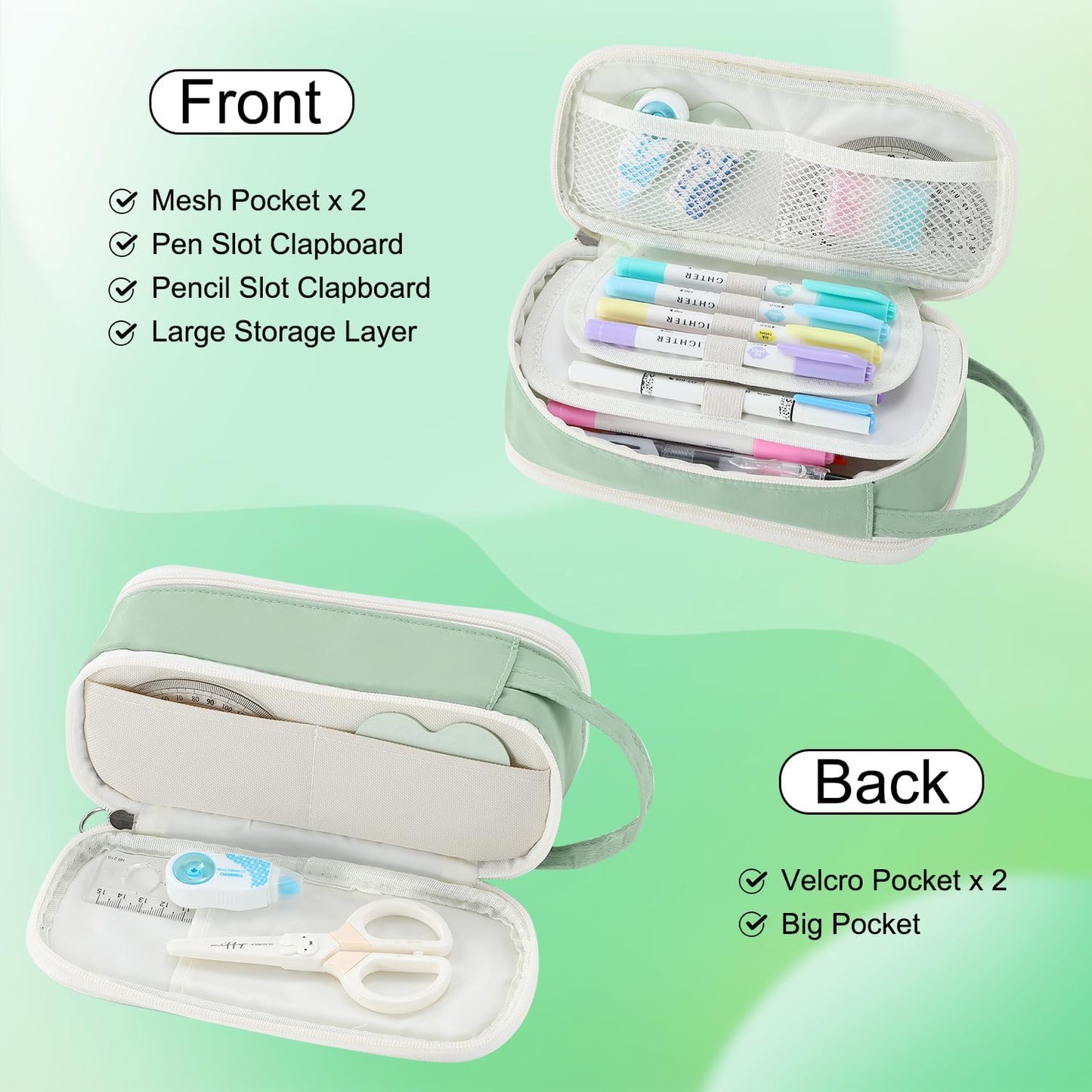 Pencil Case Large Zipper Pencil Pouch for Girls Kids Teens Adults Aesthetic Pencil Bag Stationery Organizer Pencil Case with Handle for School Green