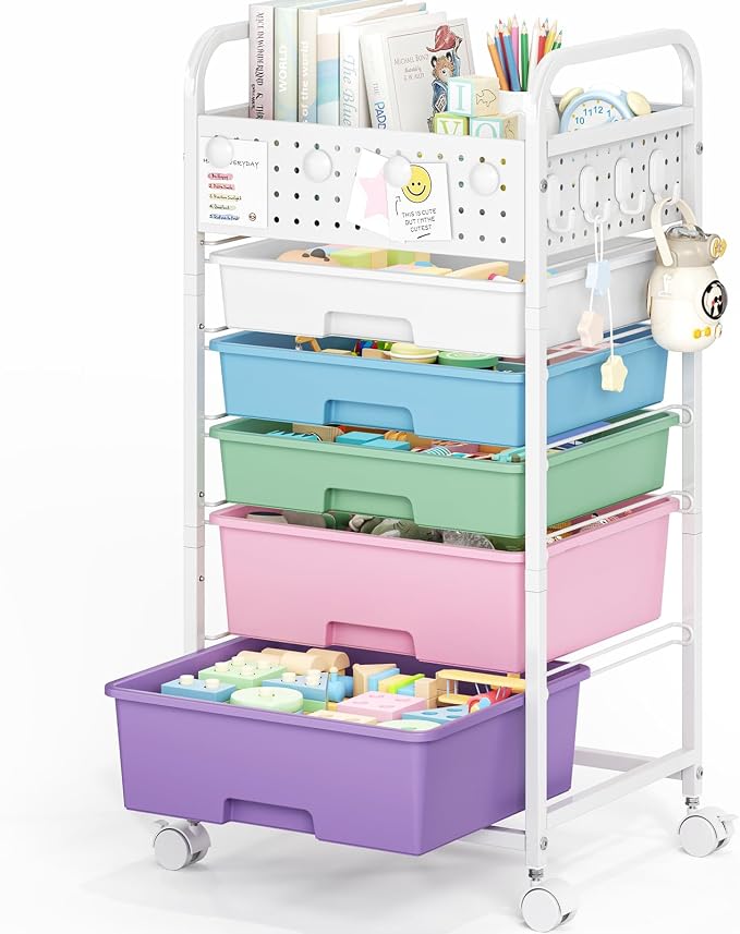 5 Drawer Rolling Storage Cart with Pegboard Top and Hooks, Ice Cream | Mobile Organizer Cart with Wheels for Office Supplies, Craft Storage, Classroom Organization, Home Utility Cart