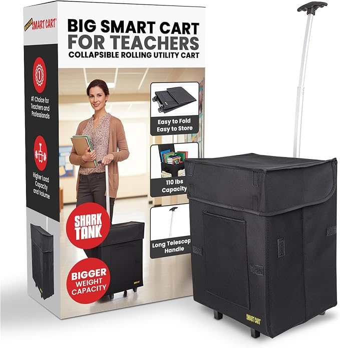 dbest products Bigger Smart Cart, Black Collapsible Rolling Utility Cart Basket Grocery Shopping Teacher Hobby Craft Art