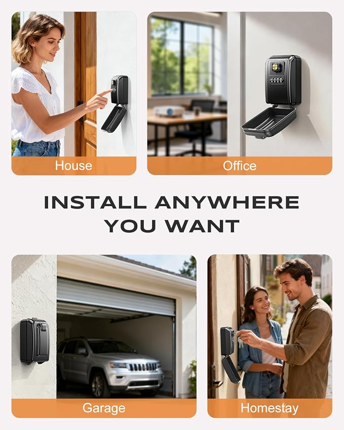 Wall-Mounted Lock Box for Keys with Code, Large Capacity 4 Digits Combination Key Lock Box with Resettable Spare Key, Weatherproof Key Safe Storage Lockbox for Home, Apartment, Office, Black