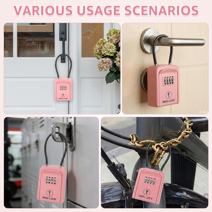 Iron Lock® Key Lock Box with Code, Portable Cable Shackle (Small, Pink) | Holds 2-3 house keys or an access card; 11-in steel cable loops on gate or rail; weather-resistant; no app or battery