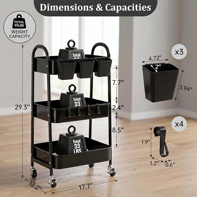 3-Tier Rolling Cart, Utility Cart Mobile Metal Rolling Storage Cart with Lockable Wheels & Hanging Cups & Hooks for Kitchen, Bathroom, Office, Workshop, Black