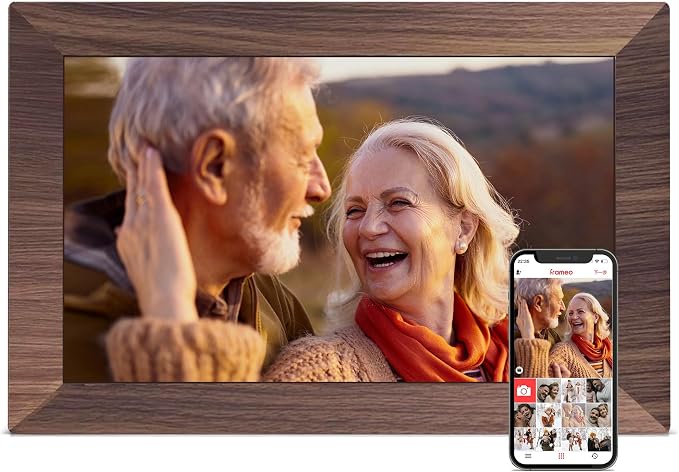 Frameo 10.1" Digital Picture Frame WiFi Wood, 1280 * 800 IPS HD Touchscreen, 32GB Storage, Instant Share Pictures Video, Smart Photo Frame Electronic, Gifts for Mom, Grandma, Woodgrain