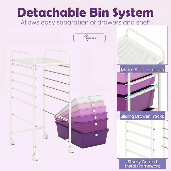 COSTWAY 6-Drawer Rolling Storage Cart, Art Craft Tools Organizer on Wheels | Multifunctional Heavy Duty Utility Mobile Storage Trolley w/ 2 Lockable Wheels for Home Office School (Purple Gradient)