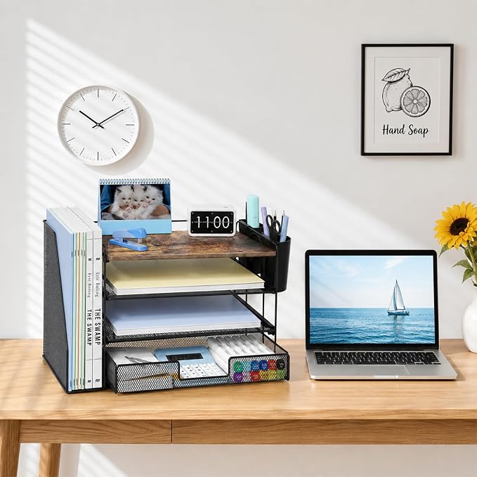 Desk Organizer, 4-Tier Desktop File Organizer with Drawer and Pen Holders, Office Desk Accessories, File Sorters, Workspace Organizers for Office Supplies(Wood)