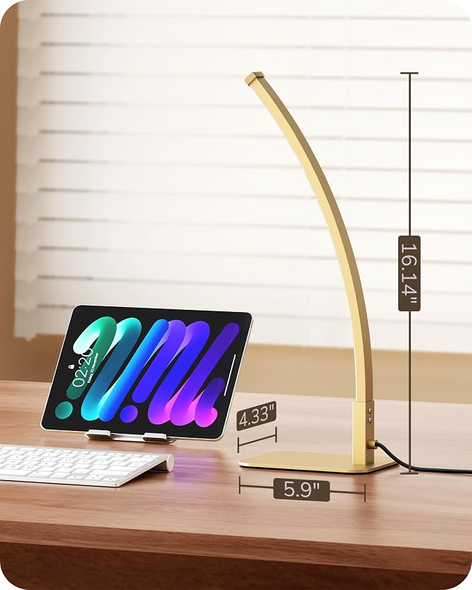 EDISHINE Curved LED Table Lamps for Living Room, Modern Bedside Lamp, Gold | 3 Color Temperature & Stepless Dimming, Aluminum & Iron, Silicone Lampshade, Ideal for Living Room, Office