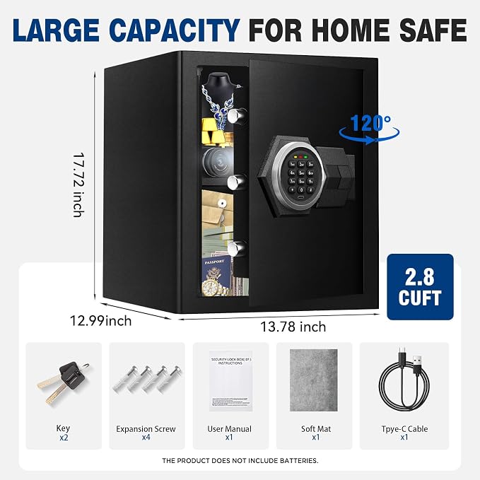 2.8 Cu Ft Large Home Safe Box, Fire Proof Safe with Type-C Port | Steel Security Box with Digital Electronic Keypad, Removable Shelf, Safety Lock Box for Office Documents Money Jewelry Gun